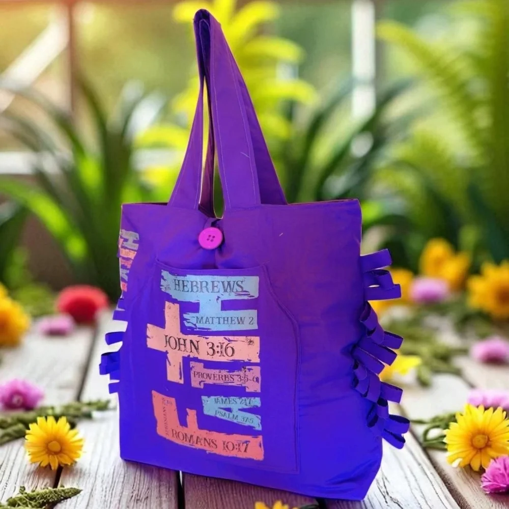Vibrant Purple Ruffled Tote Bag with Playful Design
